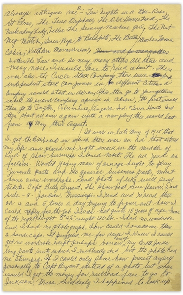 Moe Howard's Handwritten Manuscript Page When Writing His Autobiography -- Moe Describes the Beginning of His Big Break in 1915, ''there was an ad that altered my life'' -- Single 8'' x 12.5'' Page